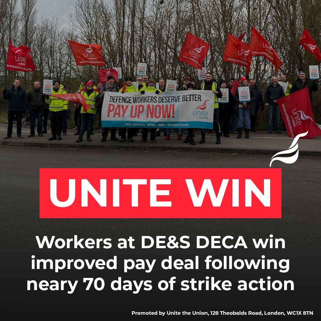 🚨 BREAKING NEWS 🚨 Our @unitetheunion members at DE&S DECA have secured an improved pay deal after nearly 70 days of strike action. A massive well done to the workers involved for standing up to their employer, staying strong and securing this victory. #UniteWin