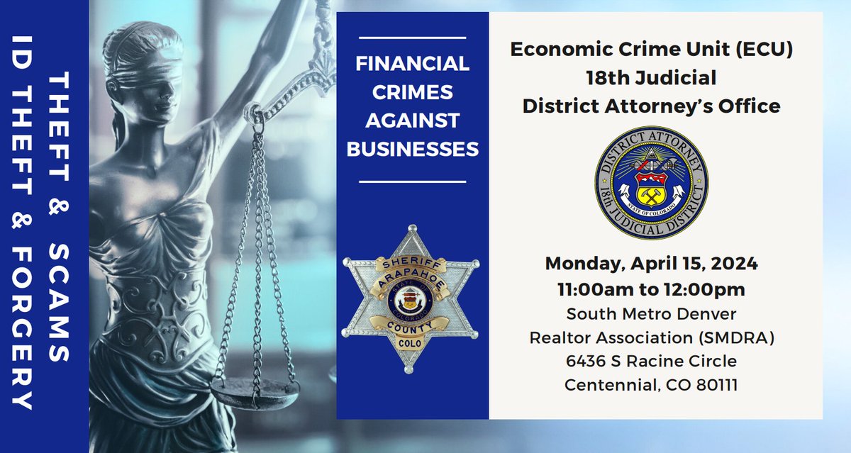 ***UPCOMING EVENT***📌 Has your business suffered losses from recent #crime? We'll be sharing valuable information with local business owners to help protect their assets! Mark your calendars for Monday, April 15. @CentennialGov @ArapahoeSO @ArapahoeCounty @southdenversbdc