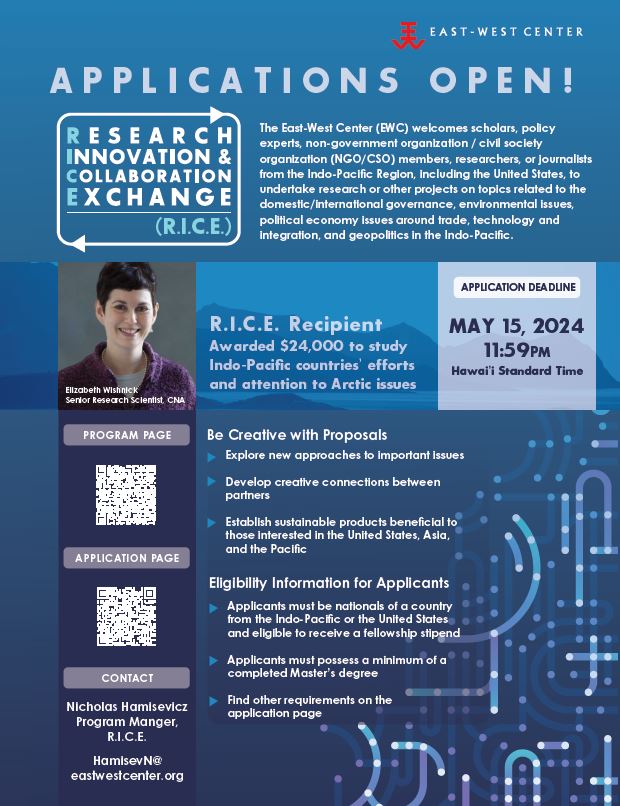 Do you have a creative #research idea to boost exchanges in the Indo-Pacific? Apply now to the @EastWestCenter Research Innovation & Collaboration Exchange (RICE) fellowship program: bit.ly/4cAlKfi