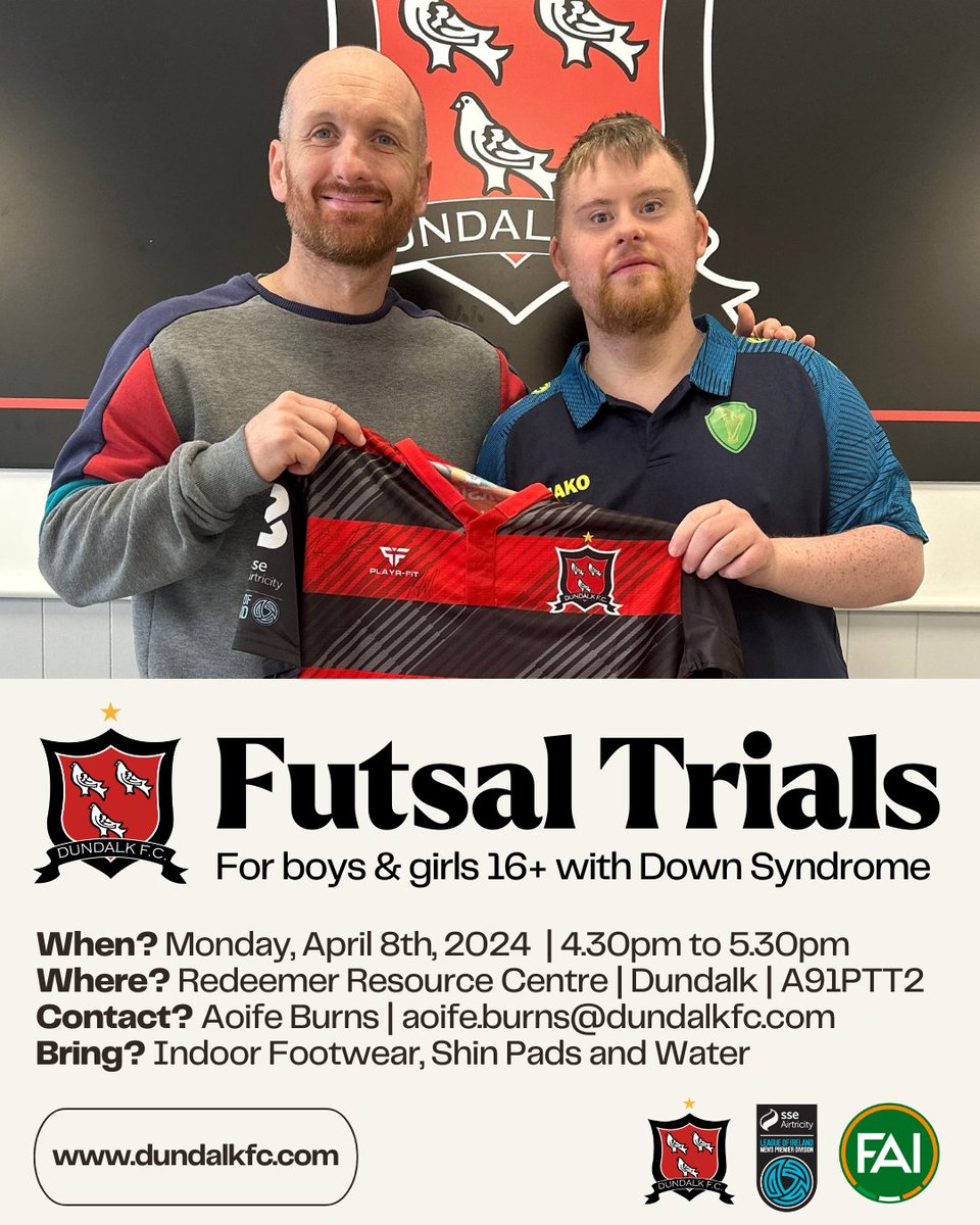 🏁 DFC In The Community We are delighted to announce the creation of a Dundalk FC Futsal team for players aged 16 and over with Down Syndrome. Trials for the team will take place on Monday, April 8th from 4.30pm-5.30pm in the Redeemer Resource Centre. More information below.