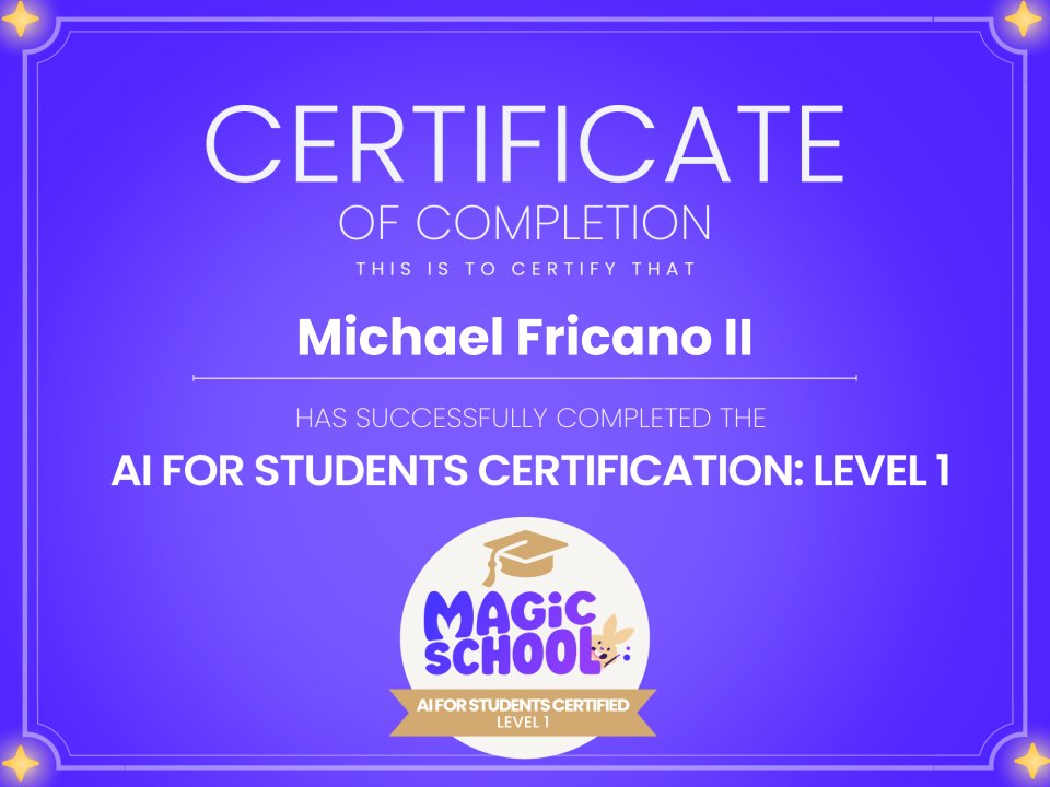 Worked my way through all 4 @magicschoolai certification courses yesterday! Fairly easy but very helpful if you're just getting started. 🤓My 💡 moment was learning how to save custom prompts so you can reuse them later! #AIClassroom #AIEDU #AIforEDU #EdTech #MagicSchool #AI