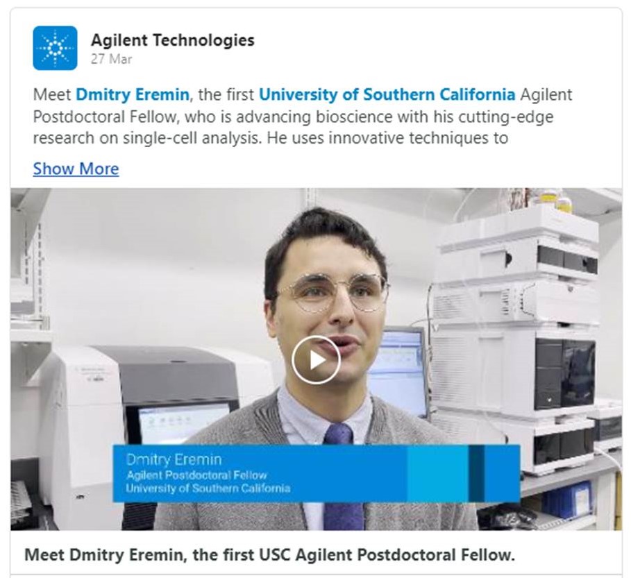 Meet Dmitry Eremin, the first Agilent Postdoctoral Fellow in the Agilent Center of Excellence in USC Michelson Center and read his story in Agilent website:
linkedin.com/posts/agilent-…

#AgilentPostdoctoralFellow
#USCMichelsonCenter
#Agilent