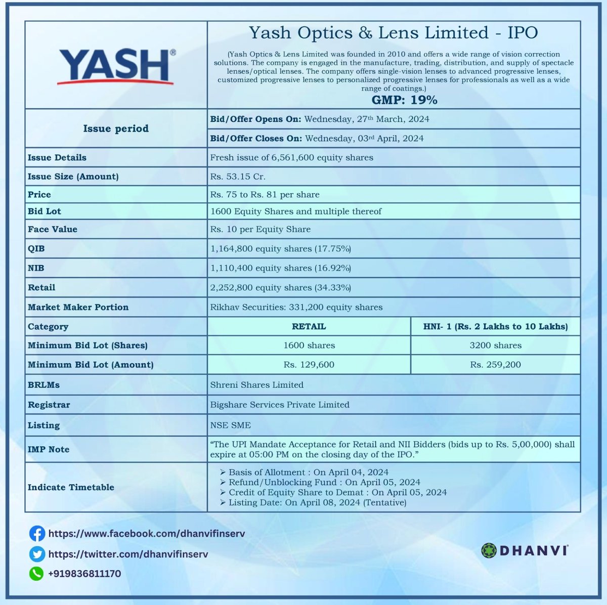 Yash Optics & Lens Limited - IPO 👇

#dhanvifinserv #newipo #investments #initialpublicoffering #IPO #bidforipo #stockmarketindia #business #market #investment #trading #Dhanvi #stocks #YashOpticsandLens #investors #investing #sharemarketindia #StocksInNews