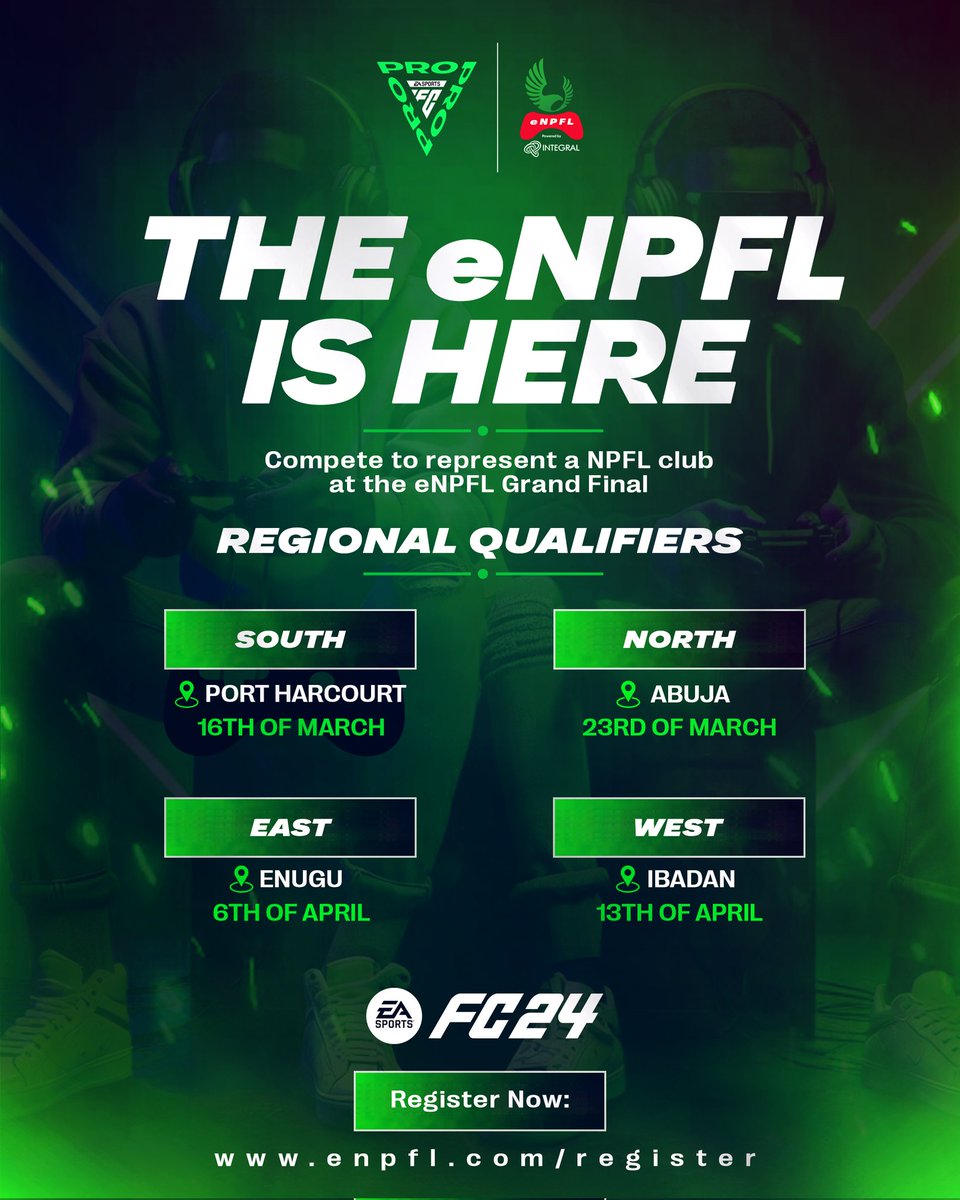 e_npfl's tweet photo. Mark your calendars ๐
With the South and North Regional Qualifiers now concluded, players can still compete at the East and West Regional Qualifiers for a space at the Grand Final. Do you have what it takes?
Register now via https://t.co/cow574Snww
#eNPFL #enpflqualifiers https://t.co/gMEk1KrDOh