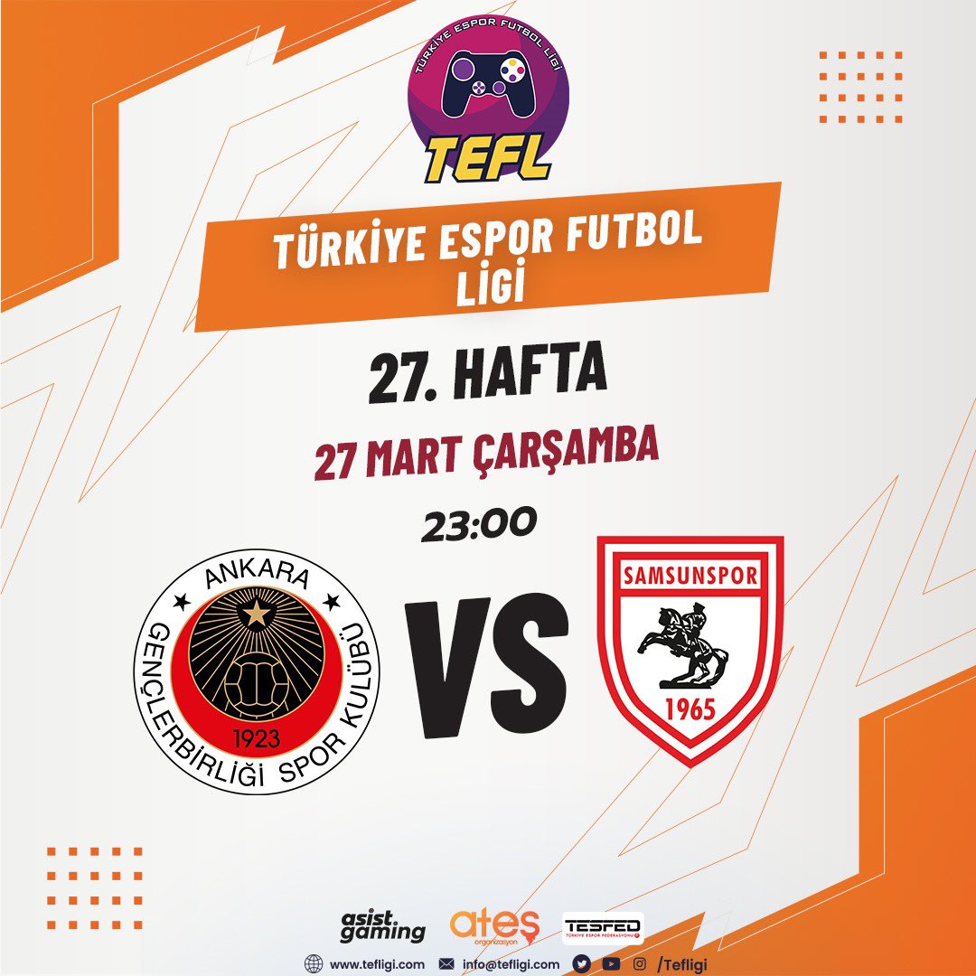 Türkiye Espor Futbol Ligi 2023-2024 sezonu 27. hafta maçımız bu akşam!

Rakibimiz Samsunspor.

📺 Bu haftaki canlı yayın akışında bizim maçımız yer almıyor.

#HaydiGençler <a href="/kirmizikara/">Gençlerbirliği SK</a>