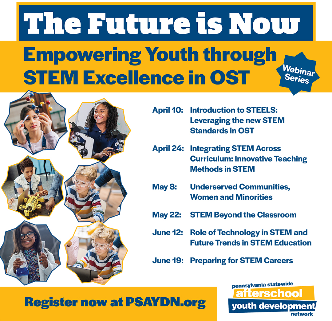 Topics released for PSAYDN’s “The Future is Now: Empowering Youth Through STEM Excellence in #OST” webinar series. Gain a comprehensive understanding of how to engage youth in STEM learning in & out of the classroom & prepare them for future #STEM careers. hubs.ly/Q02qY8cC0