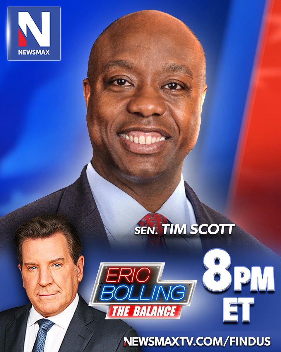 TONIGHT: Sen. Tim Scott joins 'Eric Bolling The Balance' to discuss the failed Biden policies expected to become more prevalent on the road to Election Day — 8PM ET on NEWSMAX. WATCH: newsmaxtv.com/findus @votetimscott