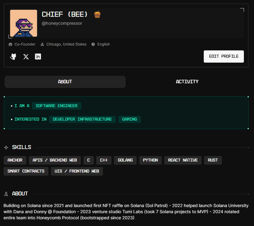 chief 🗡️ (@longlivegamefi) on Twitter photo Just setup my @ColosseumOrg profile and all I have to say is WOW - this is one of the best UX I've seen for a hackathon portal.
Really excited to submit our alpha build for <a href="/honeycomb_prtcl/">Honeycomb Protocol</a> and special thanks to <a href="/SolanaFndn/">Solana Foundation</a> for setting this up 🚀 Just setup my @ColosseumOrg profile and all I have to say is WOW - this is one of the best UX I've seen for a hackathon portal.
Really excited to submit our alpha build for <a href="/honeycomb_prtcl/">Honeycomb Protocol</a> and special thanks to <a href="/SolanaFndn/">Solana Foundation</a> for setting this up 🚀