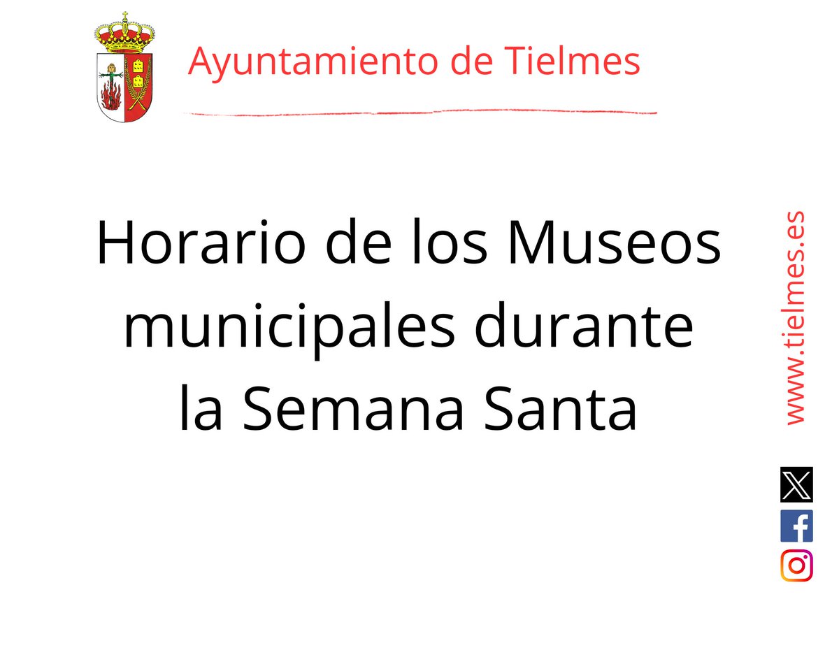 Los días 28 y 29 de marzo los Museos municipales abrirán únicamente en su horario de mañana.  

El sábado 30 abrirán en su horario habitual mientras que el domingo 31 el Museo Casa Cueva retrasará su apertura a las 11:00 horas.

tielmes.es/patrimonio

#TielmesEsCorazón