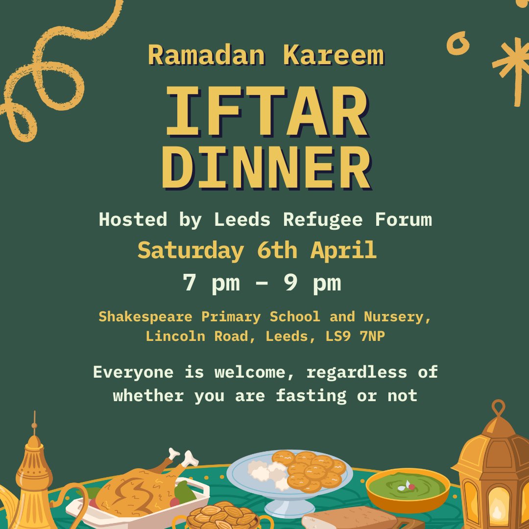 🍴 Join us for an Iftar dinner! 🎉 🧡 Everyone welcome ❤️ 🗓️ Saturday 6th of April ⏰ 7pm - 9pm 📍 Shakespeare Primary School and Nursery, Lincoln Road, Leeds, LS9 7NP #whatsonleeds #ramadan2024 #leedscommunity