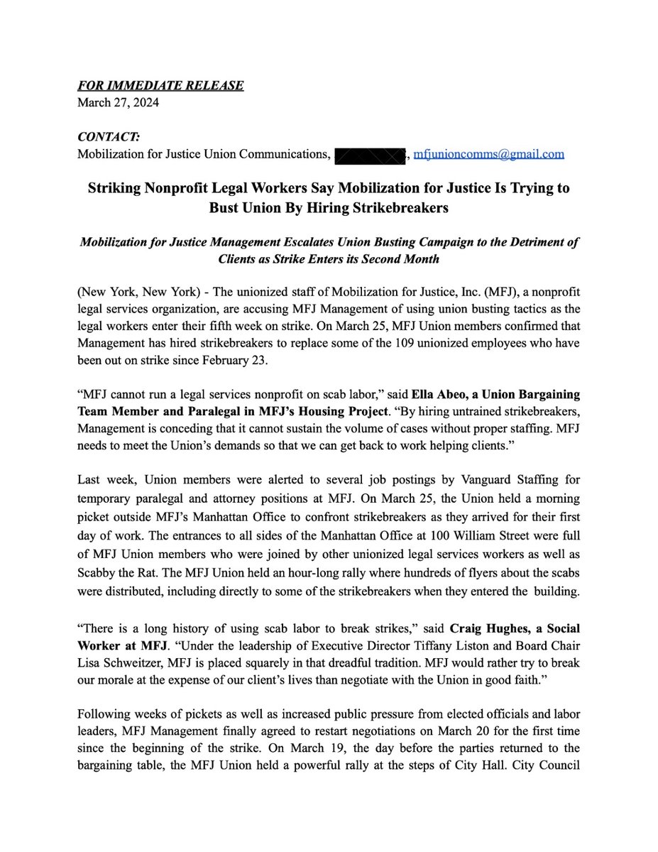 MFJUnion's tweet image. 📢Press Release: Nonprofit Legal Workers Say:
@MFJLegal is Trying to Bust Union by Hiring Strikebreakers!

Mobilization for Justice Management Escalates Union Busting Campaign to the Detriment of Clients as Strike Enters its Second Month.