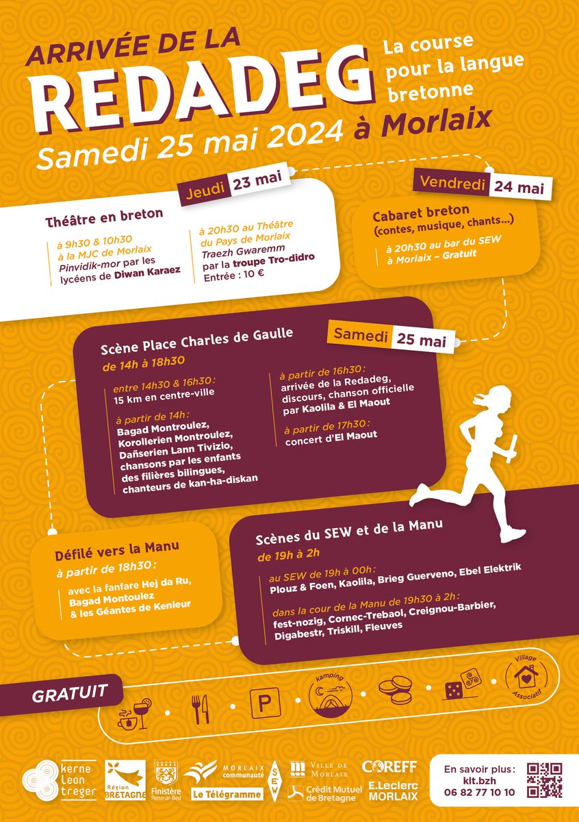 ➡️ [BZHG] Program gouel degouezh ar Redadeg 2024 e Montroulez. Eus an 23 d'ar 25 a viz Mae ! 💥
➡️ [FR] Programme de la fête d'arrivée de la Redadeg 2024 à Morlaix. Du 23 au 25 mai !  🎉