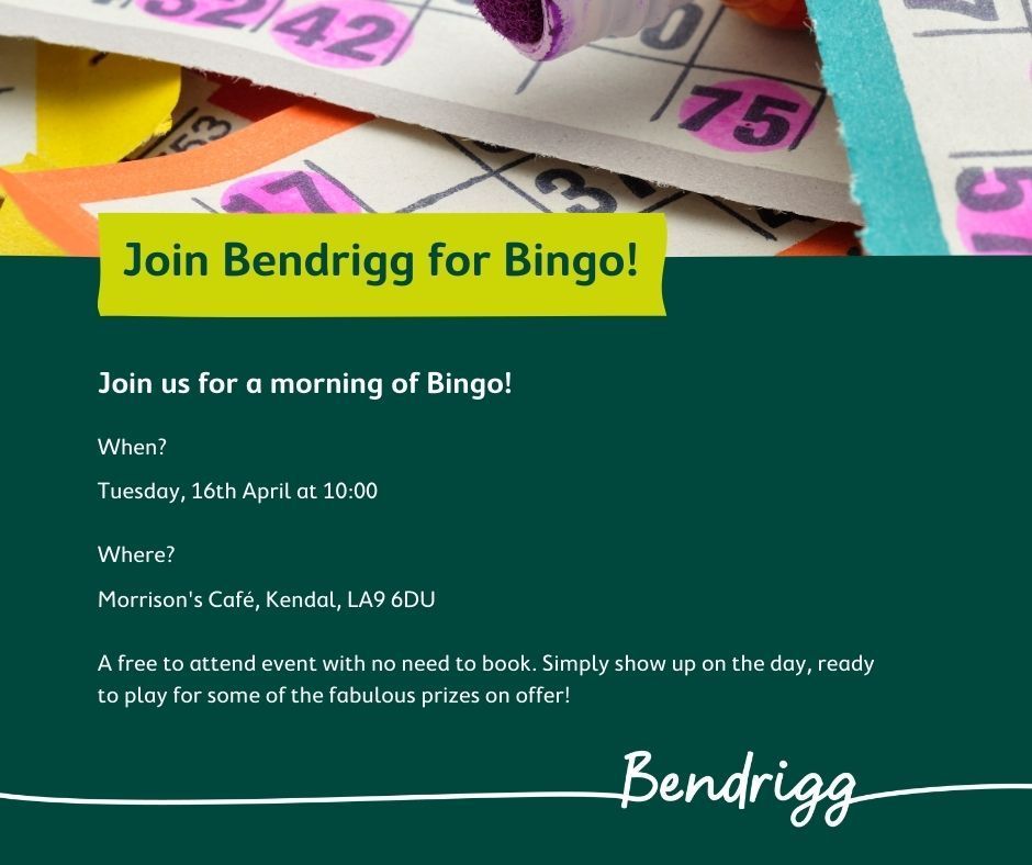 In the Kendal area and fancy some bingo? We've got you! Join our very own Louise at Morrisons Kendal for a morning of bingo and good company. No need to book, just turn up and play. #CommunityActivity #BingoFun #KendalEvents This image contains Alt Text.