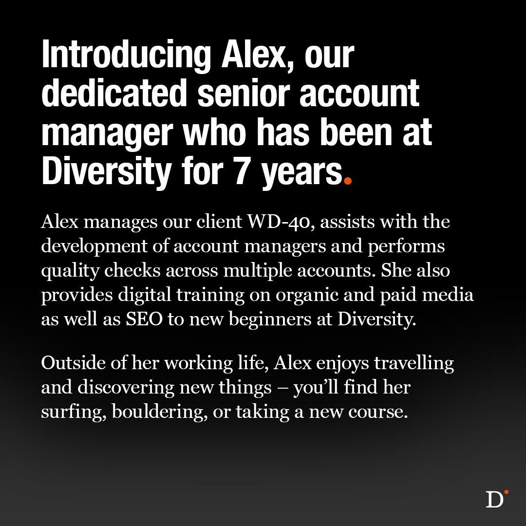 HelloDiversity's tweet image. Meet Alex, our dedicated senior account manager who has been at Diversity for 7 years. Alex manages our client WD-40 and assists with the development of account managers. Outside of work, she enjoys travelling and discovering new things. 

#MeetTheTeam #CustomerExperienceAgency