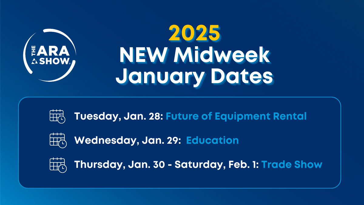 January never looked so good! The ARA Show 2025 comes early with NEW mid-week January dates. 📅 Tuesday, Jan. 28: Future of Equipment Rental 📅 Wednesday, Jan. 29: Education 📅 Thursday, Jan. 30 - Saturday, Feb. 1: Trade Show #ARAShow2025 #LasVegas #Rental