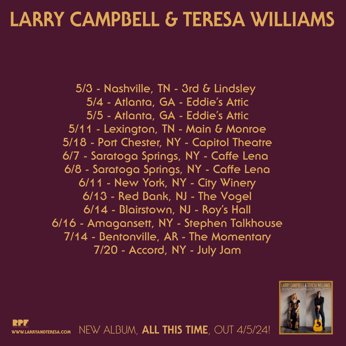 We're less than 10 days away from album release and 15 days from hitting the road! Can't wait to bring these new tunes to life with YOU. Get tickets: larryandteresa.com/tour