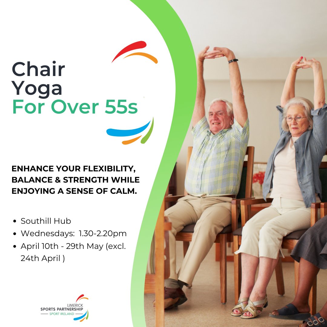 Embrace wellness with Older Adult Chair Yoga! 📍 Southill Hub 📆 Wednesdays: 10th April – 29th May (excluding 24th April) ⏰ 1:30pm – 2:20pm 💶 €30 Register Here: limericksports.ie/event/chair-yo… @sportireland @Limerick_ie @HealthyLimerick @Southill1 @IrishSheds @womensshedLRK