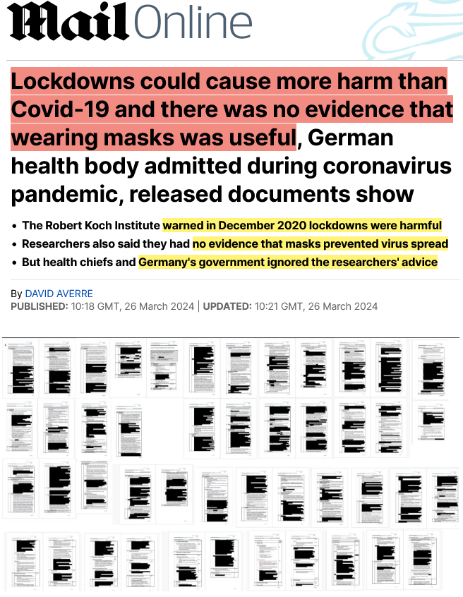 🚨BREAKING: The recently legally released #RKIFiles reveal that the German Federal Government knew since the beginning that lockdowns do more harm than good and that masks are ineffective. However, the majority of the documents have been redacted as shown in the attached…