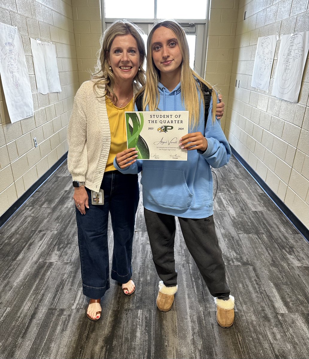 E_DeMerse's tweet photo. My student of the quarter is amazing!  I am so proud of how hard Abie has worked this quarter.  She is putting her academics and responsibilities first and is a bright light at PHS!  Keep up the great work Abie!  Go Eagles!  #ProsperProud #ProsperHS https://t.co/0TRxNcsNC1