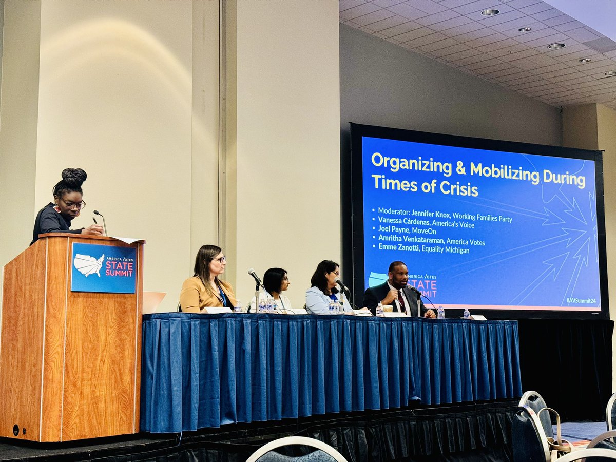 Great to hear from this great panel on “Organizing in Times of Crisis” (when are we not?) with Vanessa Cardenas @AmericasVoice, @paynedc @MoveOn, Amritha Venkataraman @AmericaVotes, and @EmmeZanotti @ActionEqmi moderated by Jennifer Knox @WorkingFamilies at the #AVSummit24