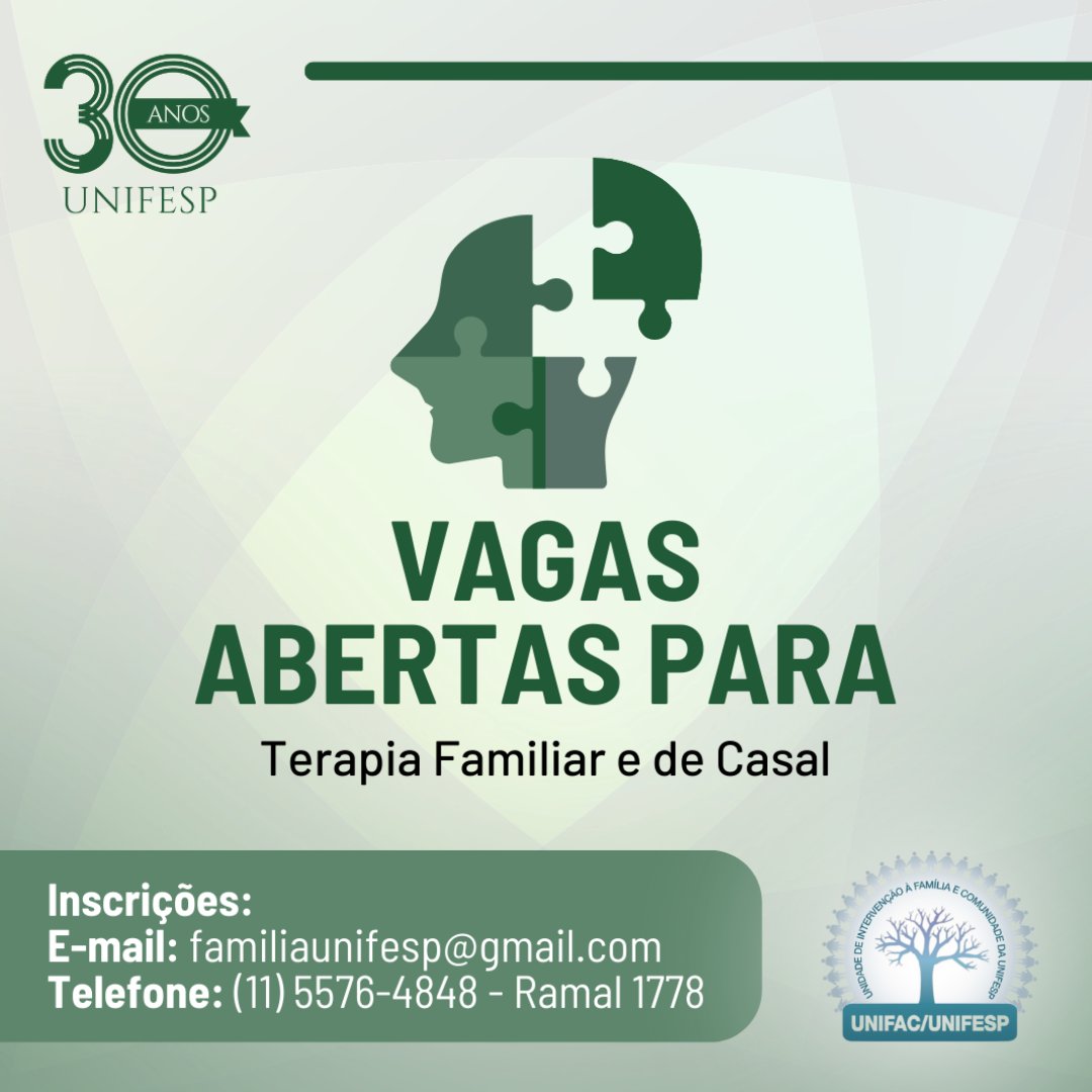 unifesp's tweet photo. A #Unifac da @epenfermagem está com vagas abertas em grupos de atendimento em #terapiafamiliar e de casal. Inscrições pelo e-mail familiaunifesp@gmail.com ou pelo telefone 5576-4848, ramal 1778: https://t.co/sewO9V6tf1. #unifesp #somosunifesp #unifespsp #epe https://t.co/TmR3tXRHOL