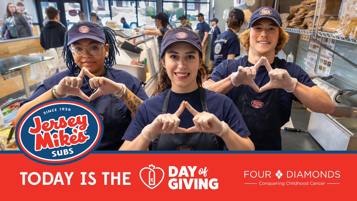 Let’s make a difference for Four Diamonds kids this #DayOfGiving ❤️ @jerseymikes is donating 100% of sales to @fourdiamonds all day today, Wednesday, March 27, at the locations found here: bit.ly/JM-Day-of-Givi… Eat a sub. Make a difference. #JerseyMikesGives #ForTheKids