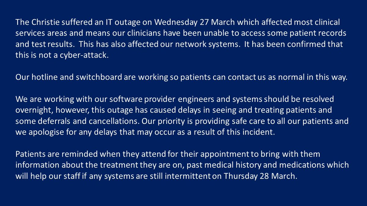 📢 Update on IT outage at The Christie📢 We hope the issue will be resolved overnight. Our hotline and switchboard are still working so patients can contact us as normal in this way. More on our website 👉bit.ly/3QvYWRZ