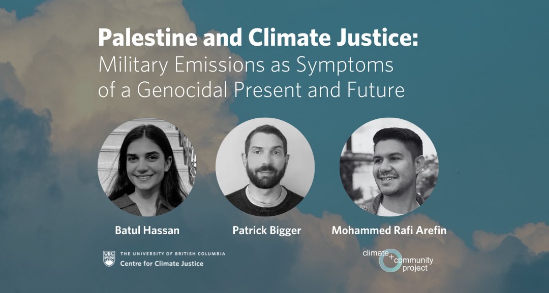 Join the CCJ and @cpluscp to discuss the connection between the climate crisis and the ongoing genocide in Palestine with speakers <a href="/BatulMH/">Batul Hassan</a>, <a href="/patrickmbigger/">Patrick Bigger</a>, and <a href="/mrafiarefin/">Mohammed Rafi Arefin</a>.

📆 Thursday 4 APR 2024 @ 4:30 PM PT
📍 Zoom

RSVP + Details: tinyurl.com/CCJ-Palestine-…
