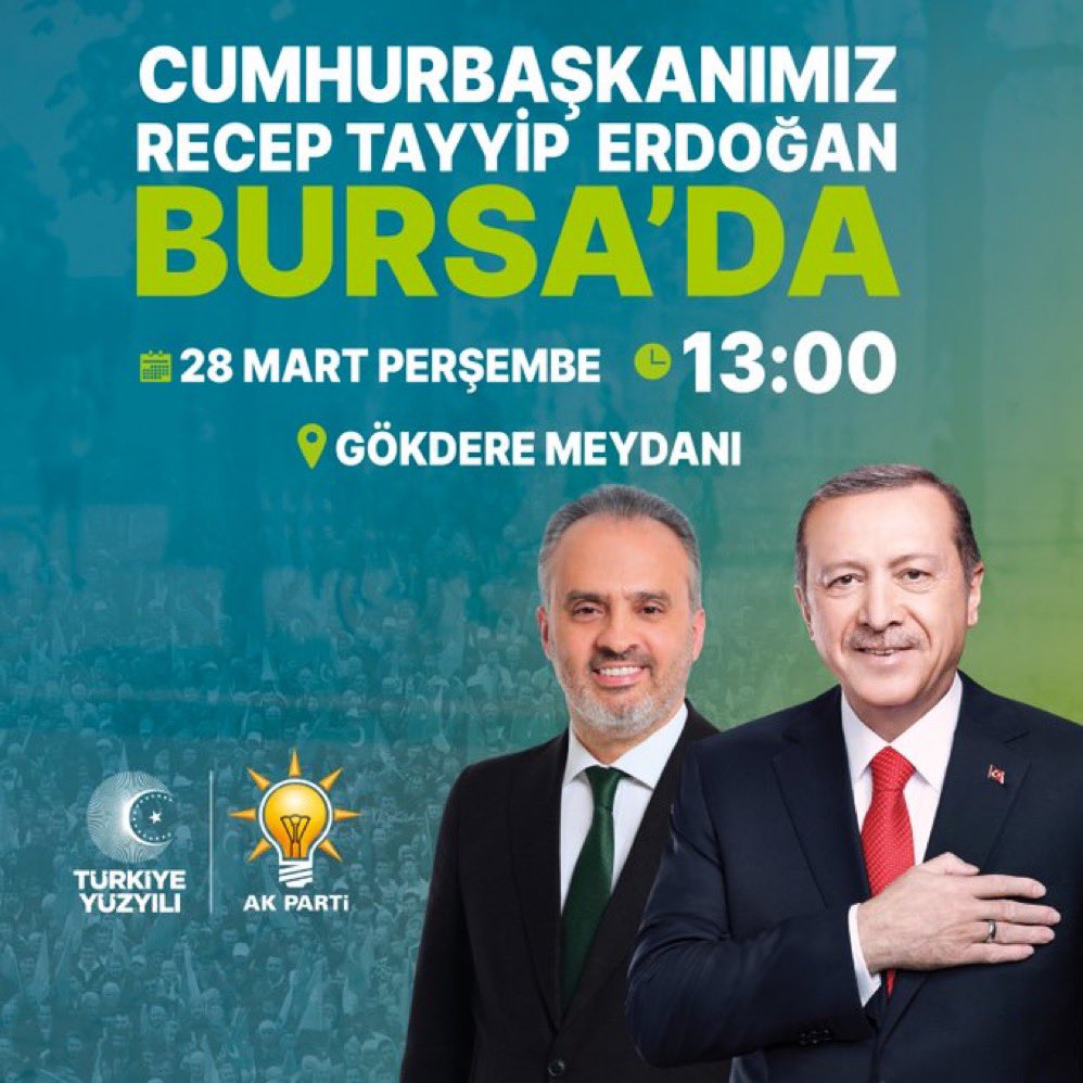 Hasret bitiyor! Türkiye Yüzyılı'nın mimarı, Cumhurbaşkanımız Recep Tayyip Erdoğan Bursa'ya geliyor. Büyük buluşmaya tüm hemşerilerimizi bekliyoruz... 📅 28 Mart Perşembe 🕐 13.00 📍 Gökdere Meydanı