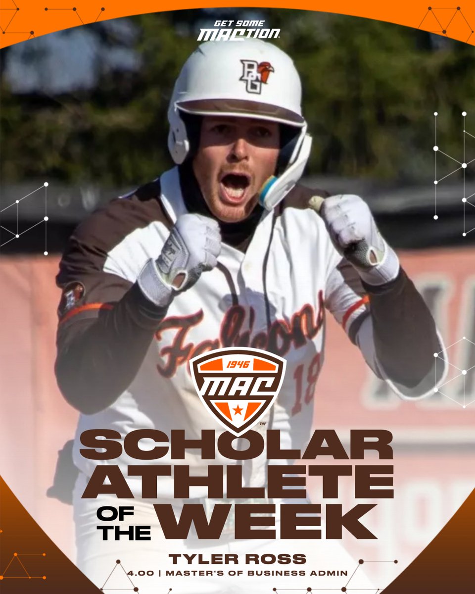 MACSports's tweet photo. Tyler Ross
4.00 GPA
Master's of Business Administration
Tyler Ross had a monstrous weekend at the plate for the Falcons, with a batting average of .455 and a slugging percentage of 1.273 as BG went 3-0. Ross erupted for a total of two doubles, two triples and a home run over the course of the three-game series sweep over Akron while registering four RBI and scoring four times himself. Ross' best game of the series came on Saturday when he went 3-4 with a double and two triples, tying the program record for triples in a game as just the 10th Falcon ever with two in the same contest. He added a walk, an RBI and two runs scored in the game. Ross' other double came in Friday's game. As for his home run, Ross saved the best for last with a three-run, go-ahead blast in the series finale on Sunday, tallying three-RBI with the home run
@BGSU_Baseball | #MACtion