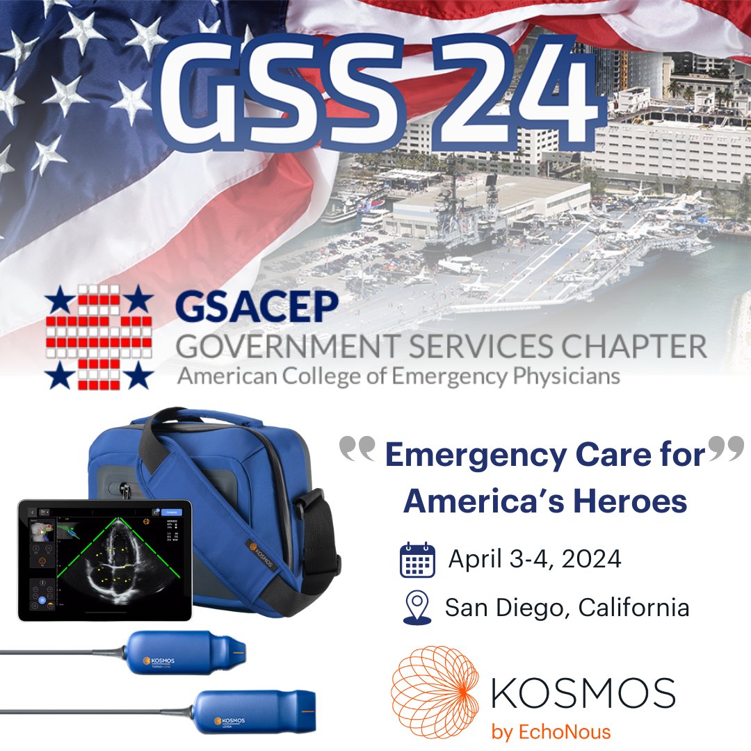We will be at @GSACEP’s 2024 Government Services  Symposium April 3 - 4 in San Diego!

If you’re attending, swing by our exhibit table, meet our team, and learn about how Kosmos is helping America’s heroes!

#GSS24 #GSACEP #POCUS #governmentservices #emergencymedicine