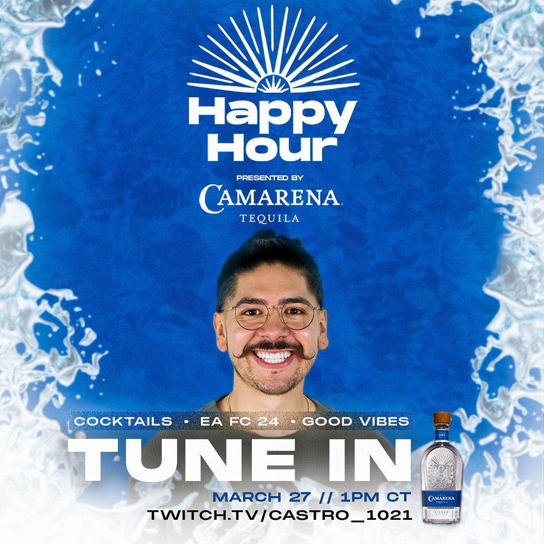 We're back for Happy Hour with @CamarenaTequila, drinking some cocktails and playing some EA FC. LIVE NOW!! For 21+ audience. #ad #CamarenaHappyHour twitch.tv/castro_1021