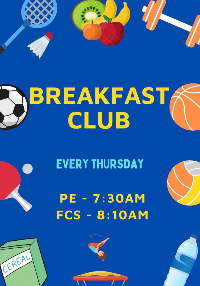 🚨 BREAKFAST CLUB! TOMORROW! 🚨 📅- Every Thursday ⏰- 7:30am to 8:30am 📌- PE & FCS 📄- Football ⚽️, Basketball 🏀, Trampolining 🤸‍♂️, Fitness 🏋, Table Tennis 🏓, Volleyball 🏐, Netball and more!! 🍞- Free Breakfast 👕- Bring PE Kit See you in the morning @BishopbriggsAC