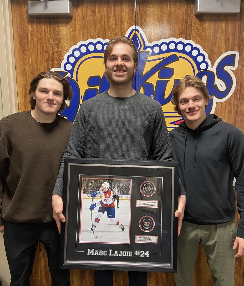 Today defenceman Marc Lajoie was presented with a commemorative photo to celebrate his record breaking season! Marc broke the franchise record for goals by a defenceman in a single season with 20 and finished the season solidifying the new record at 26! Congrats Marc!