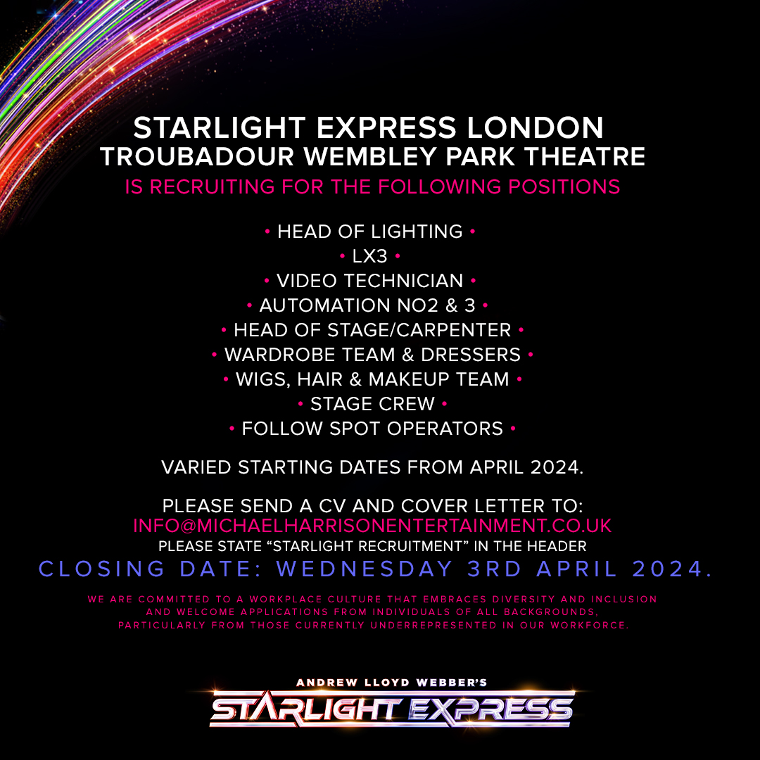 ALL ABOARD! Fancy joining #TeamStarlight @troubadourWPark ? Please send a CV and Cover Letter to: info@michaelharrisonentertainment.co.uk stating “Starlight Recruitment” in the header. Closing date: Wednesday 3rd April.