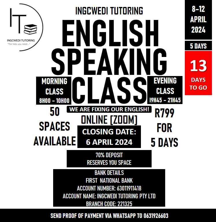 NjabuloNkabin15's tweet photo. 13 days to go to English Speaking Class @Ingcwedi Tutoring
#englishspeakingclass
#ESC3 https://t.co/05Tc6m9BJE