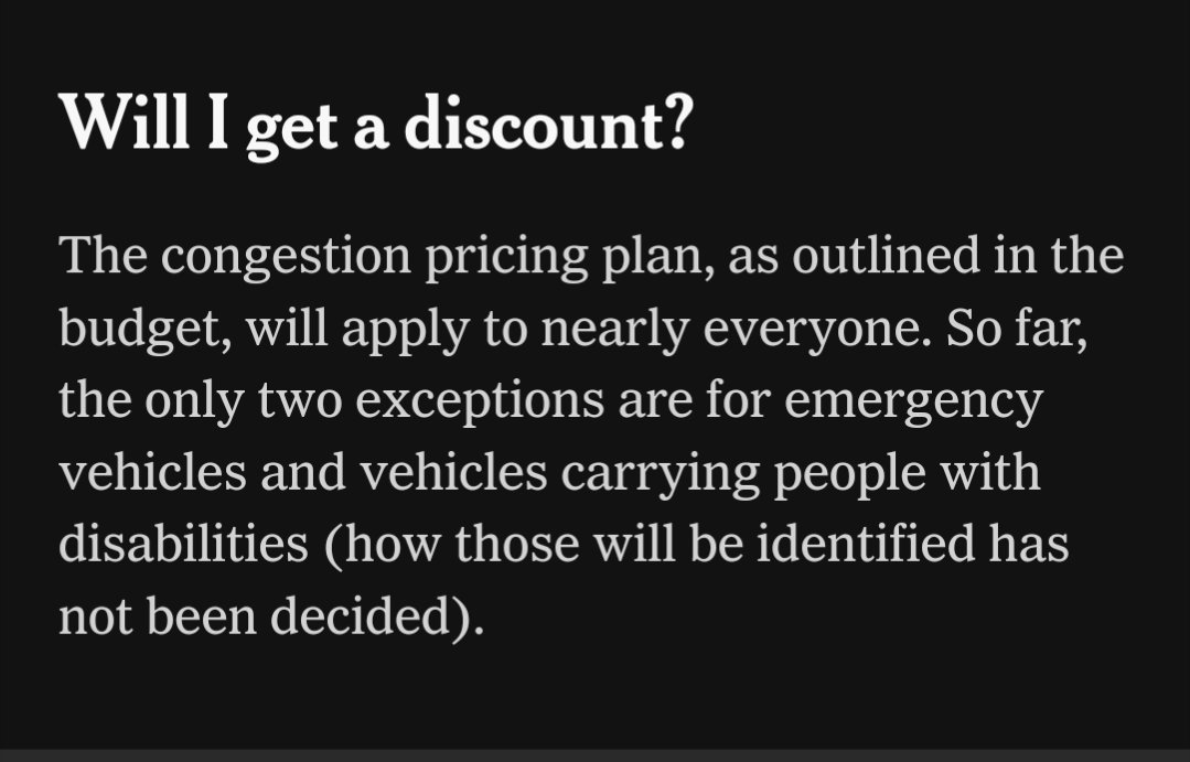 Reading about NYC congestion tolling. Considering the rampant fraud in disabled person parking placards, this exemption seems like it could go really wrong. Watch for a steep jump in Manhattan car commuters diagnosed with mobility problems.