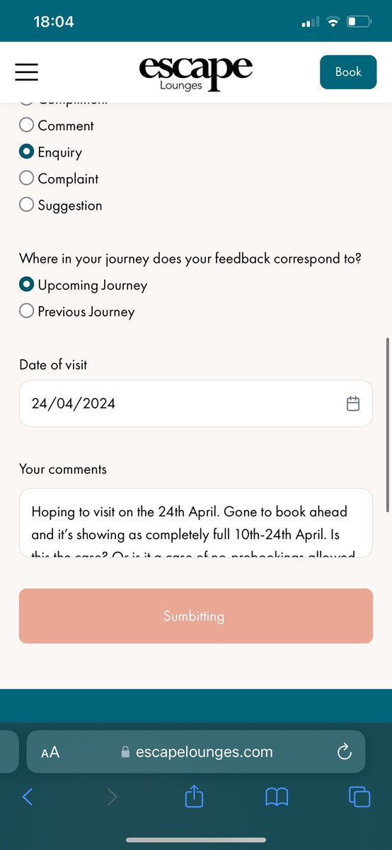 LibbyDenman's tweet photo. Not holding out much hope trying to contact @EscapeLoungesUK directly either. Their twitter was abandoned in 2022 and I’ve submitted an enquiry on their site but it seems stuck on “sumbitting” 👀 https://t.co/68LXiTuiOn
