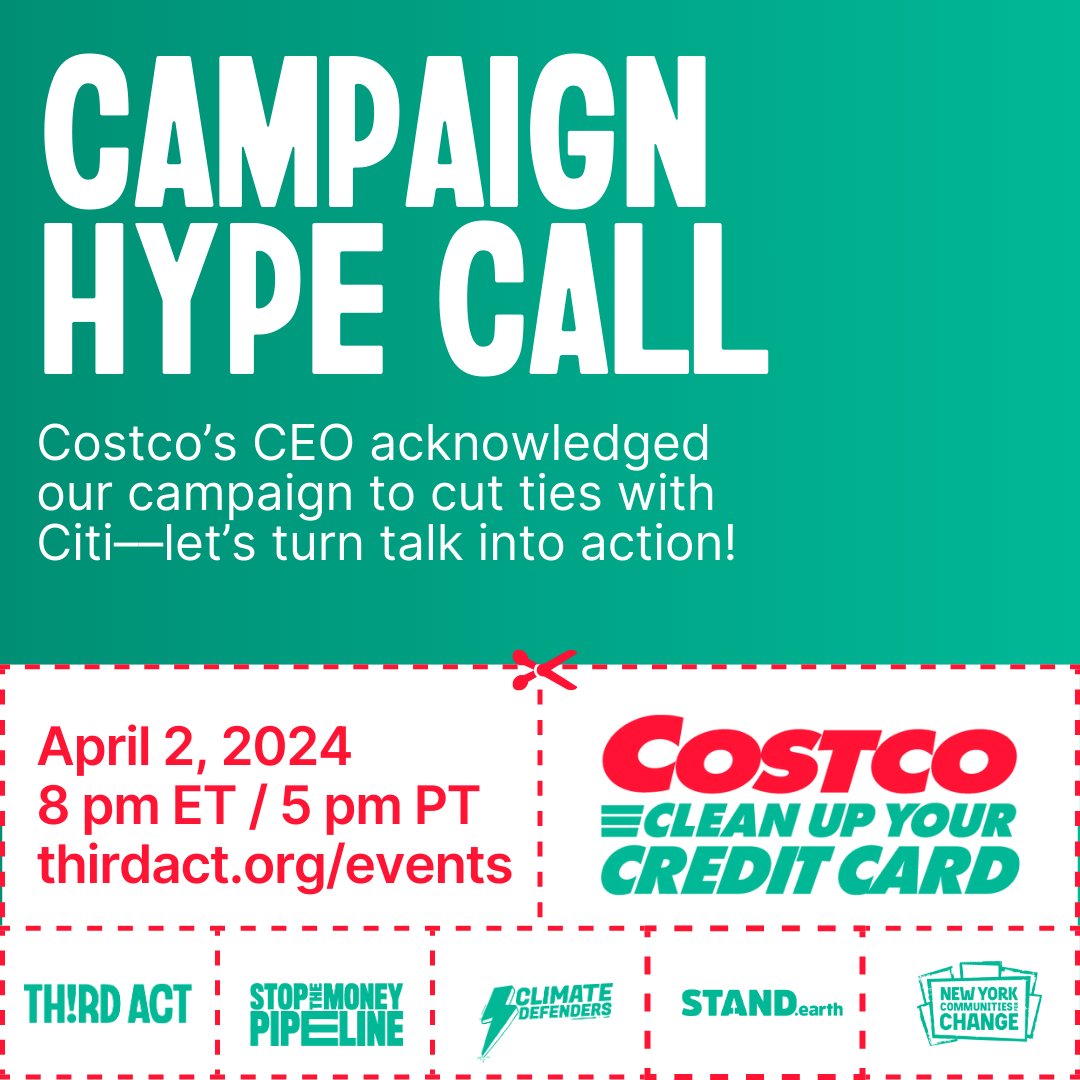 🚨campaign hype call alert 🚨

Join us on April 2 at 8 pm ET / 5pm PT for a Zoom call as part of the @Costco: Clean Up Your Credit Card campaign 💳

We demand #CostcoDropCiti. 
Register for the call here: stmp.link/CostcoDeadline…