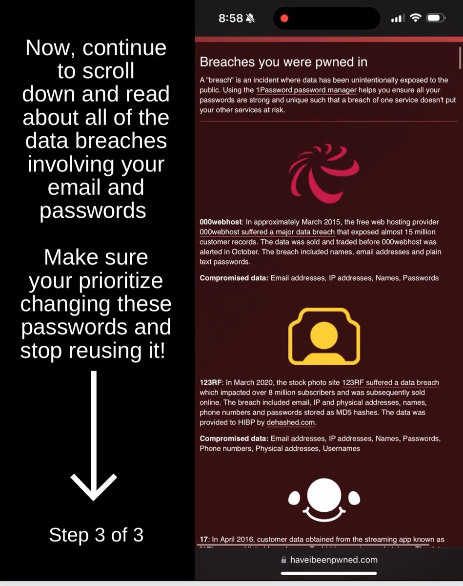 Have you ever wondered if your accounts & passwords have been hacked? 😱  Check out HaveIBeenPwned.com! And follow the 3 QUICK & EASY steps shown below.

#CtrlAltElite #BrownGirlGrinding #Cybersecurity #Infosec #BlackWomeninCyber #databreach #HaveIBeenPwnd #PasswordManager