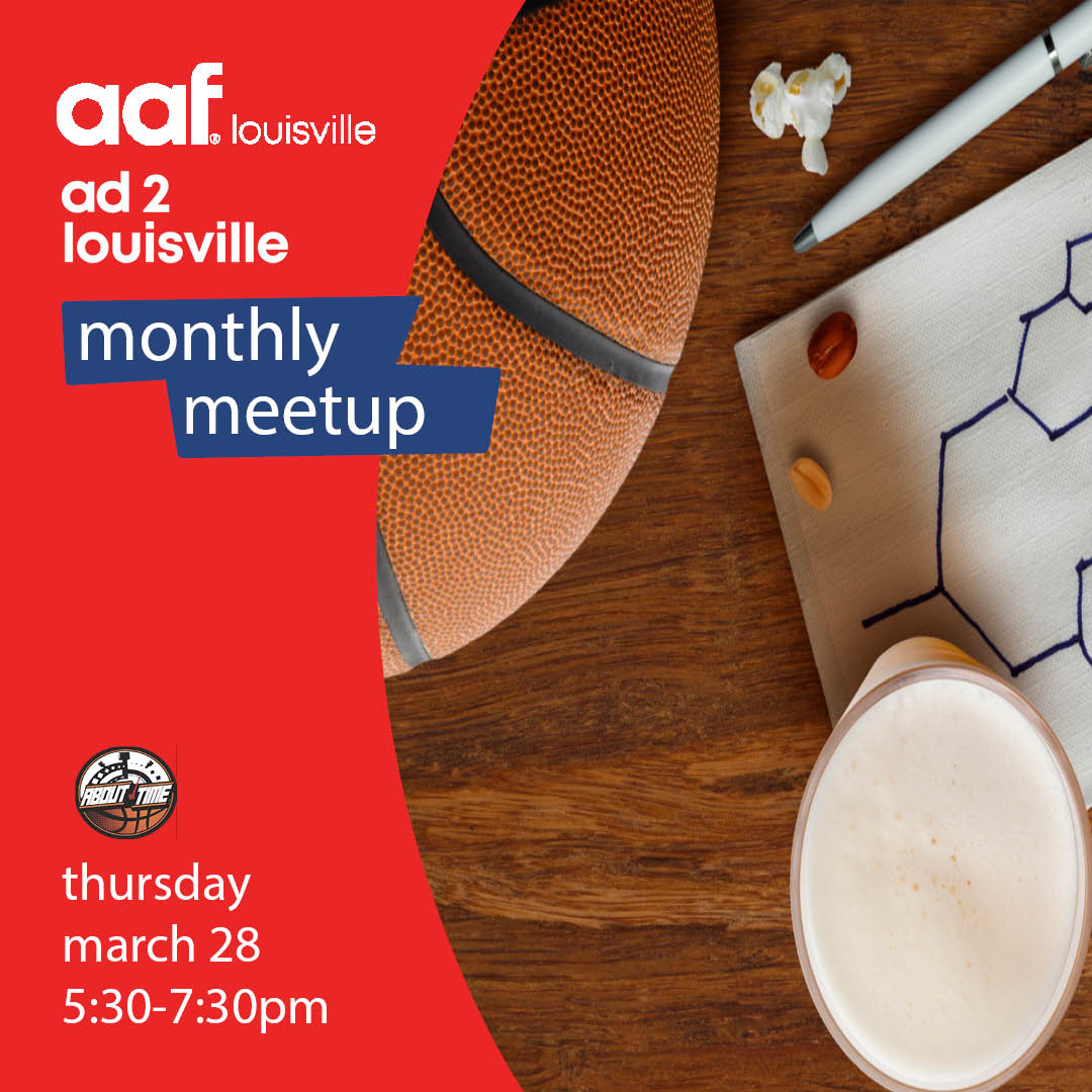 Don't miss out on tomorrow's March Madness AAF & Ad 2 Louisville Meet-up at About Time Bar & Grill from 5:30 - 7:30 . Come watch basketball, enjoy conversation with fellow ad industry people, and grab a drink or bite! Find out more: loom.ly/R4E2KrE