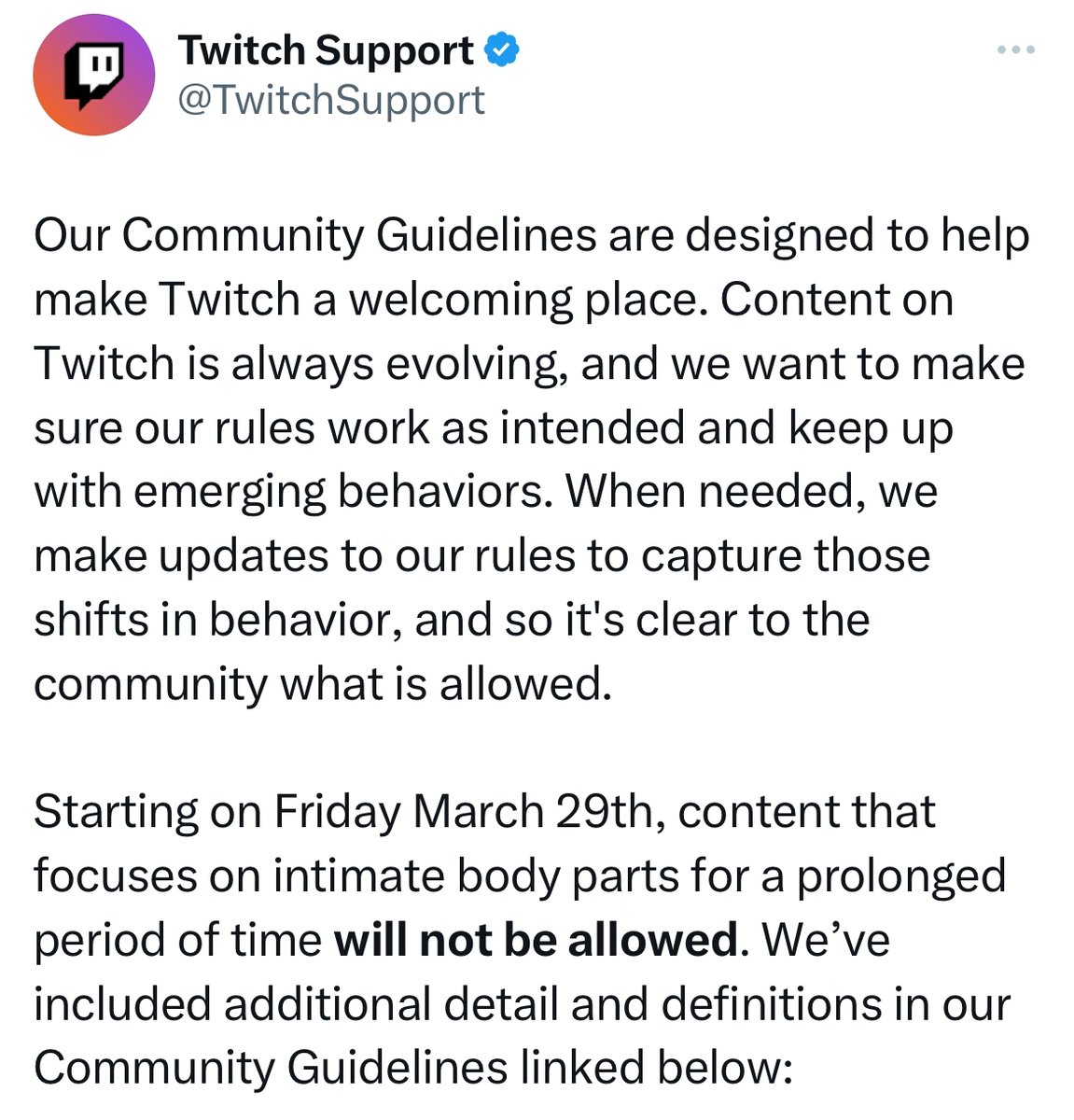 JakeSucky's tweet photo. Twitch have updated their community guidelines and will no longer be allowing content that focuses on intimate body parts (even clothed) for prolonged periods of time

This includes butts, breasts, or groin area https://t.co/cNSufQguae