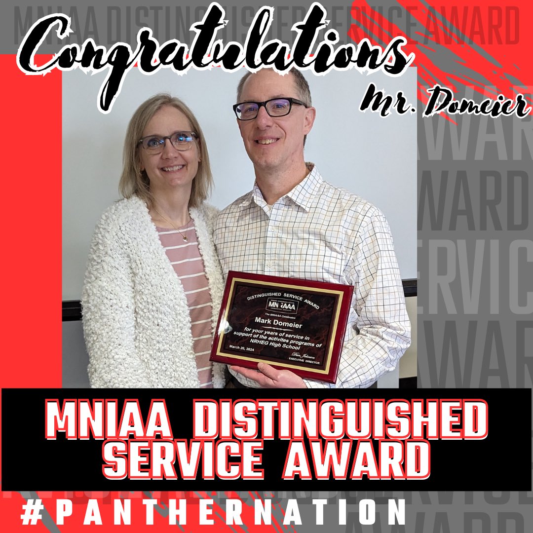 Congratulations to Mark Domeier for receiving the MNIAA Distinguished Service Award. Mark has been at NRHEG for 28 years. He has done everything from coaching girls basketball, baseball, referee, umpire, line judge, the Voice of the Panthers, and so much more! #panthernation