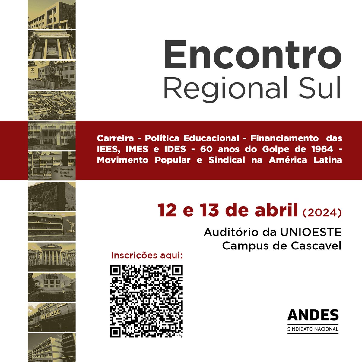 sinduepg's tweet photo. 📅 Nos dias 12 e 13 de abril acontece a próxima edição do Encontro Regional Sul na Unioeste (Cascavel). O objetivo do evento é reunir as seções sindicais do Andes-SN da região sul para debater os próximos passos do movimento sindical 

Participe do Encontro Regional! https://t.co/mZRL9mg2bA
