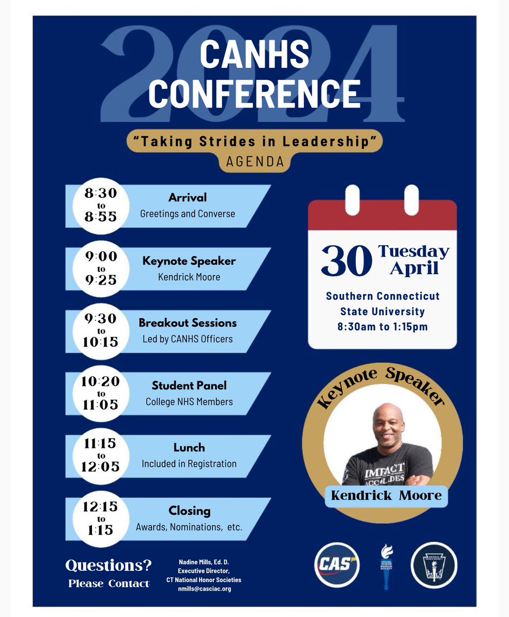 The agenda for our “Taking Strides in Leadership” Conference has been shared with advisors as well. Please review and plan accordingly, and we hope to see everyone there! 🙌🏼

#canhs #cas #ciac #studentleader #nationalhonorsociety #connecticutschools