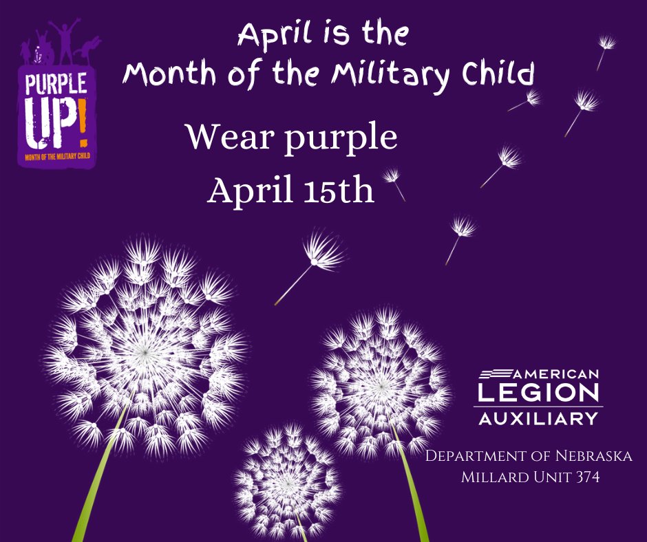 ALAUnit374NE's tweet photo. This April, the Month of the Military Child, show your support for military kids by wearing purple on Monday, April 15, 2024. These amazing kids are strong, brave, proud, resilient, and global. #MOMC https://t.co/px0lSKKgNL