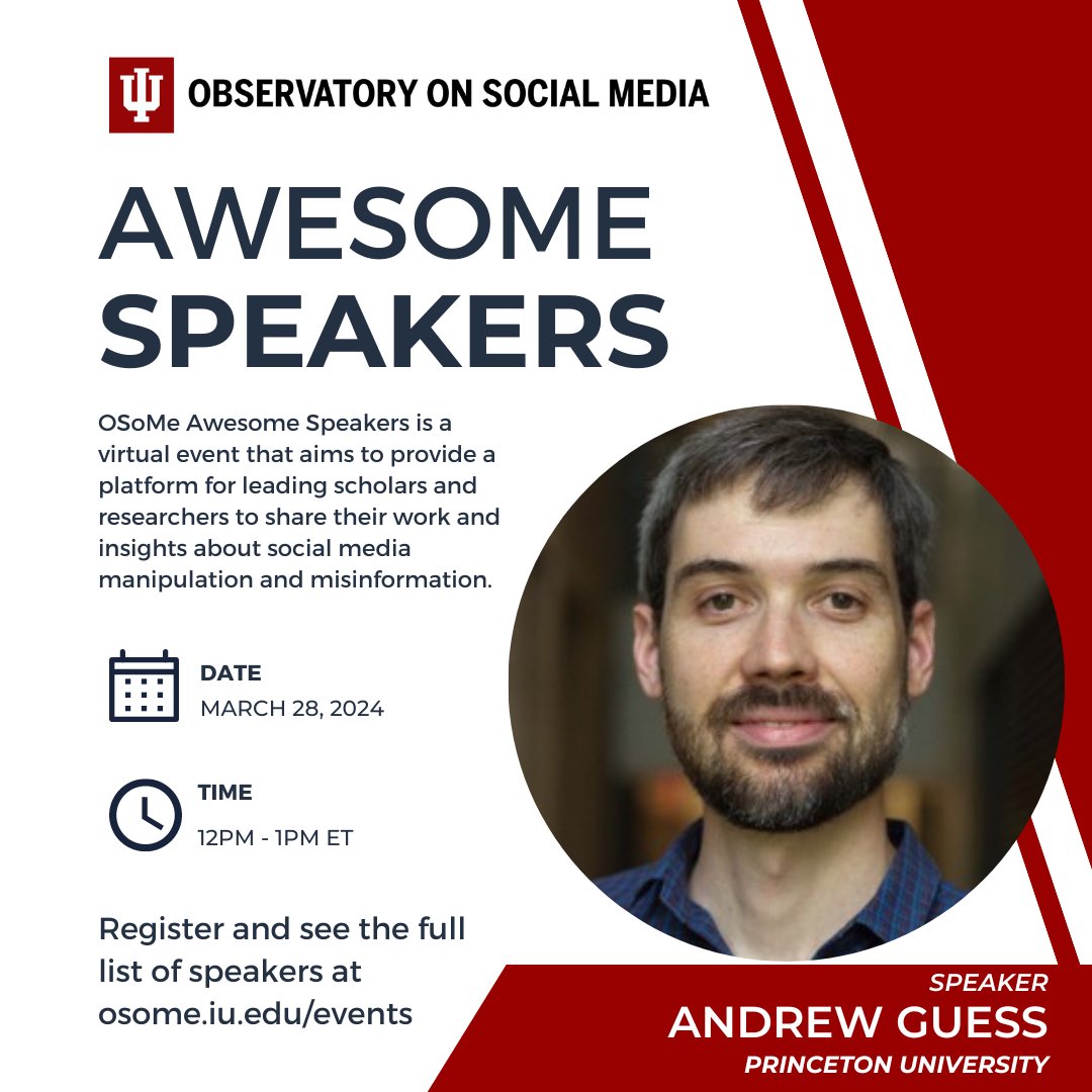This week's OSoMe Awesome speaker is @andyguess! Tomorrow at 12pm ET, he'll give his talk 'Algorithmic recommendations and polarization on YouTube'. Register here: iu.zoom.us/meeting/regist…