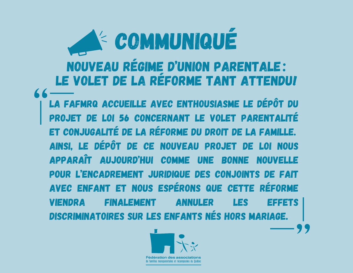 (Communiqué) La FAFMRQ accueille avec enthousiasme le dépôt du projet de loi 56 du ministre de la Justice, Simon Jolin-Barette, concernant le volet parentalité et conjugalité de la réforme du droit de la famille.
Notre réaction complète ici : fafmrq.org/publications/n…