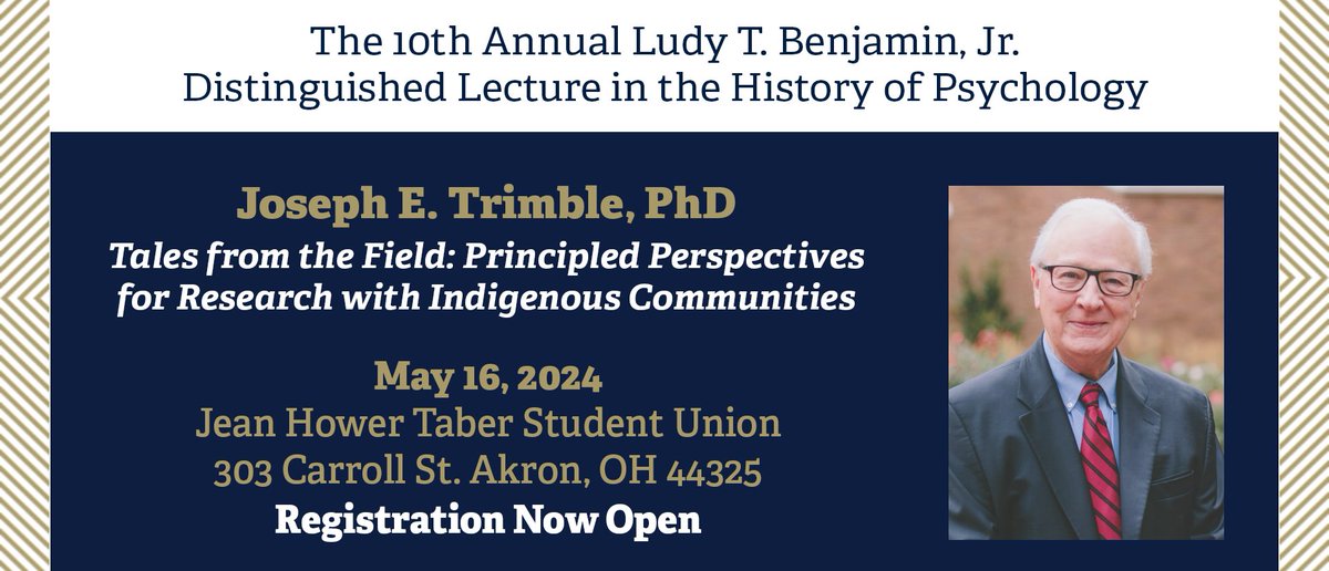 Registration is NOW OPEN for the 10th Annual Benjamin Lecture in the History of Psychology! The Cummings Center is honored to welcome Joseph E. Trimble, PhD as this year’s Featured Speaker on Thursday, May 16.
Learn more about the event and register now at uakron.edu/chp/about-us/b…