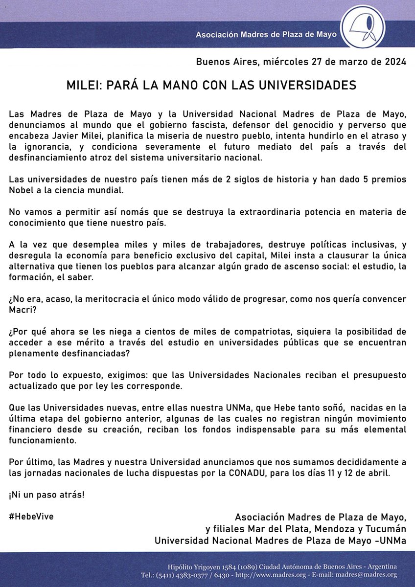MILEI: PARÁ LA MANO CON LAS UNIVERSIDADES

COMUNICADO COMPLETO

madres.org/milei-para-la-…

#NiUnPasoAtrás
#MadresDePlazaDeMayo